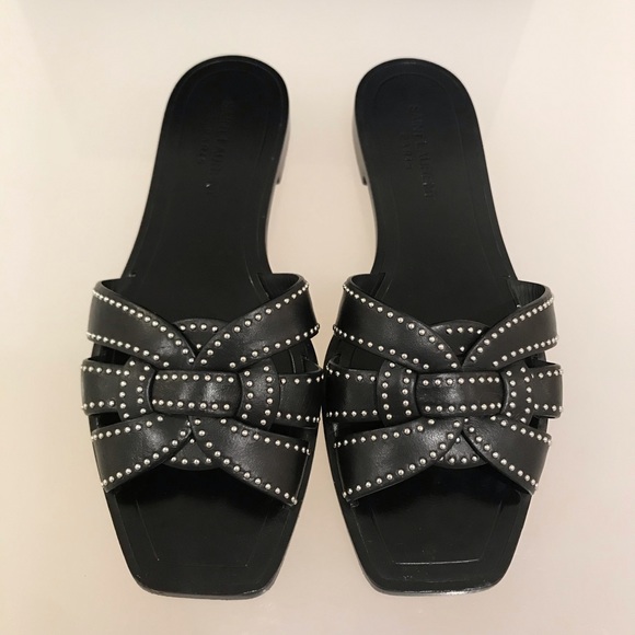 Saint Laurent Woven Leather Slides with Studs - Picture 2 of 6